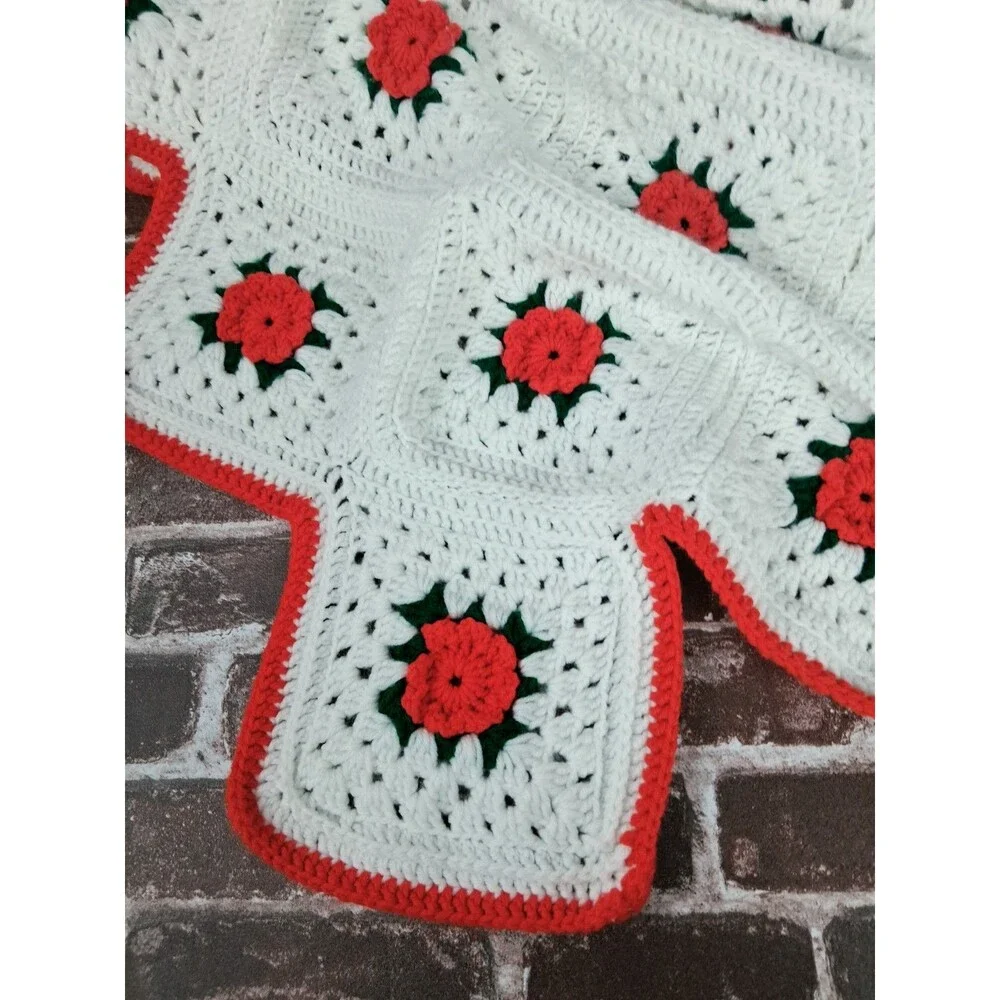 Vintage White Red Crochet Throw Blanket Lap Granny Square 62X62 Homemade Roses